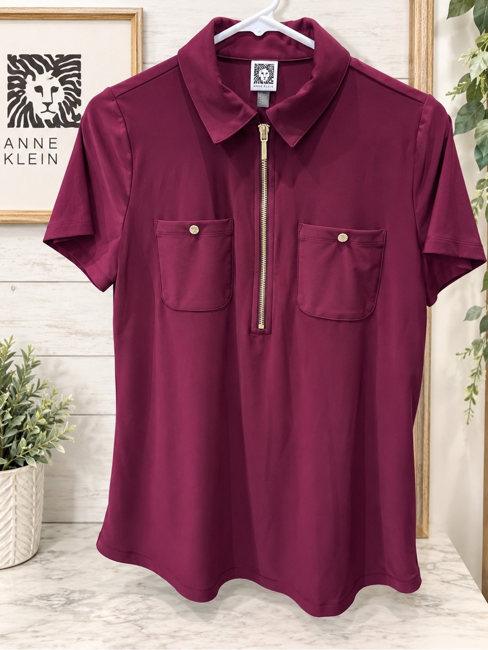 NWT Anne Klein Chianti Half Zip Collared Blouse Size Small